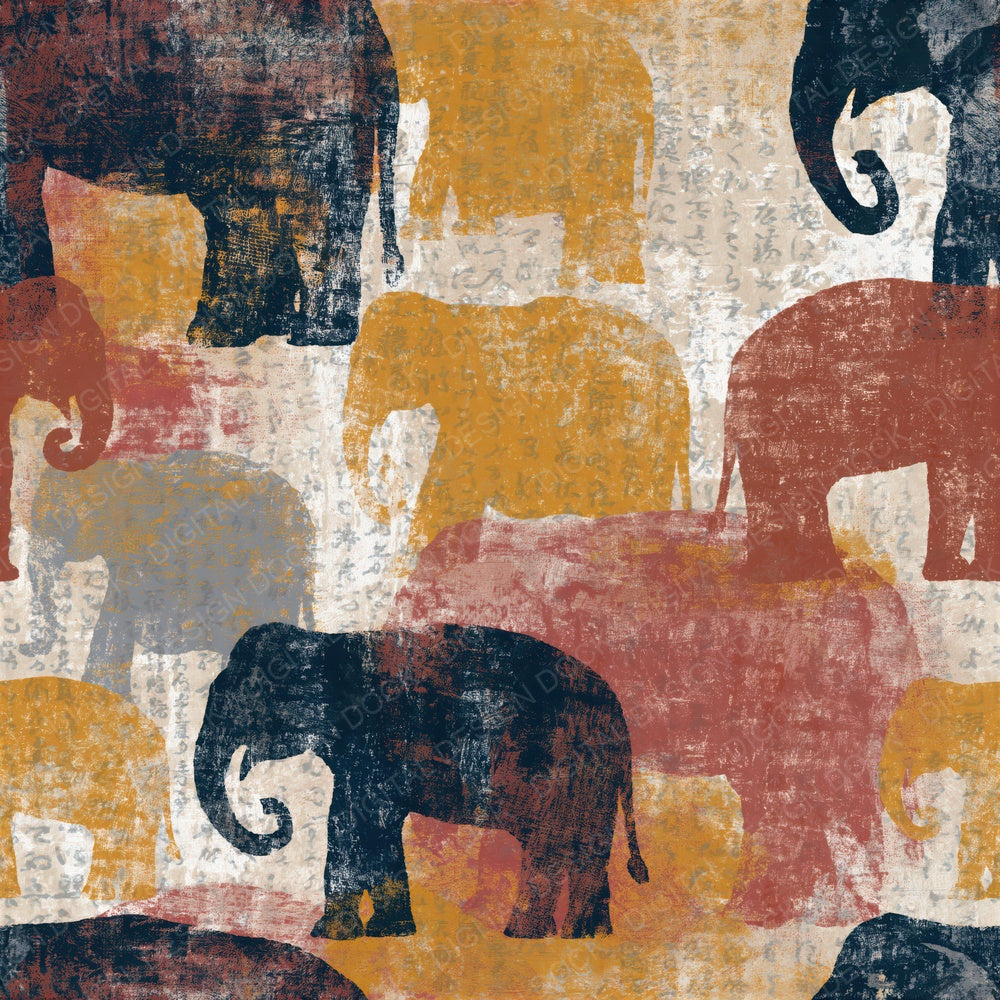 Another Screenprint Elephants Terracotta Mustard Seamless digital paper shown full size