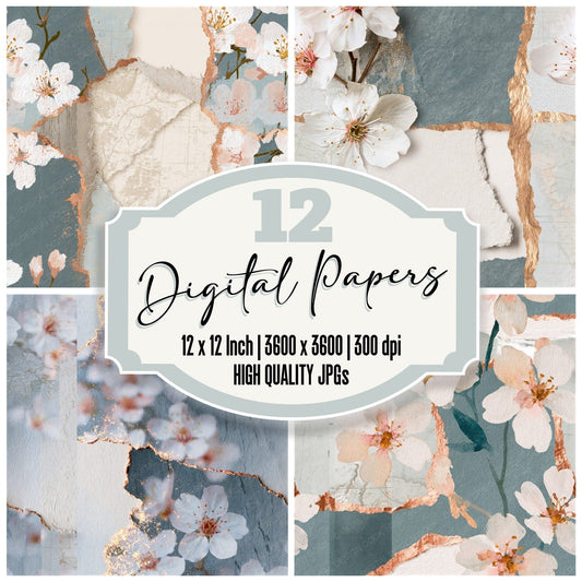 Torn Paper Cherry Blossoms Bone Seamless digital paper pack cover showing four of the 12 papers