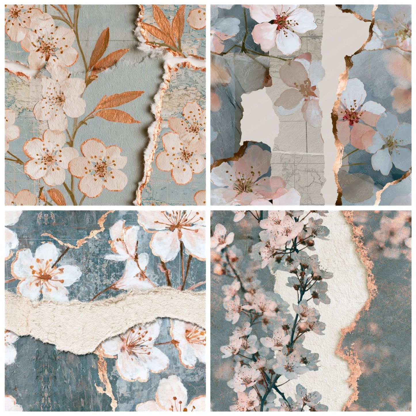Torn Paper Cherry Blossoms Bone Seamless Digital Paper Pack (DDD015498)