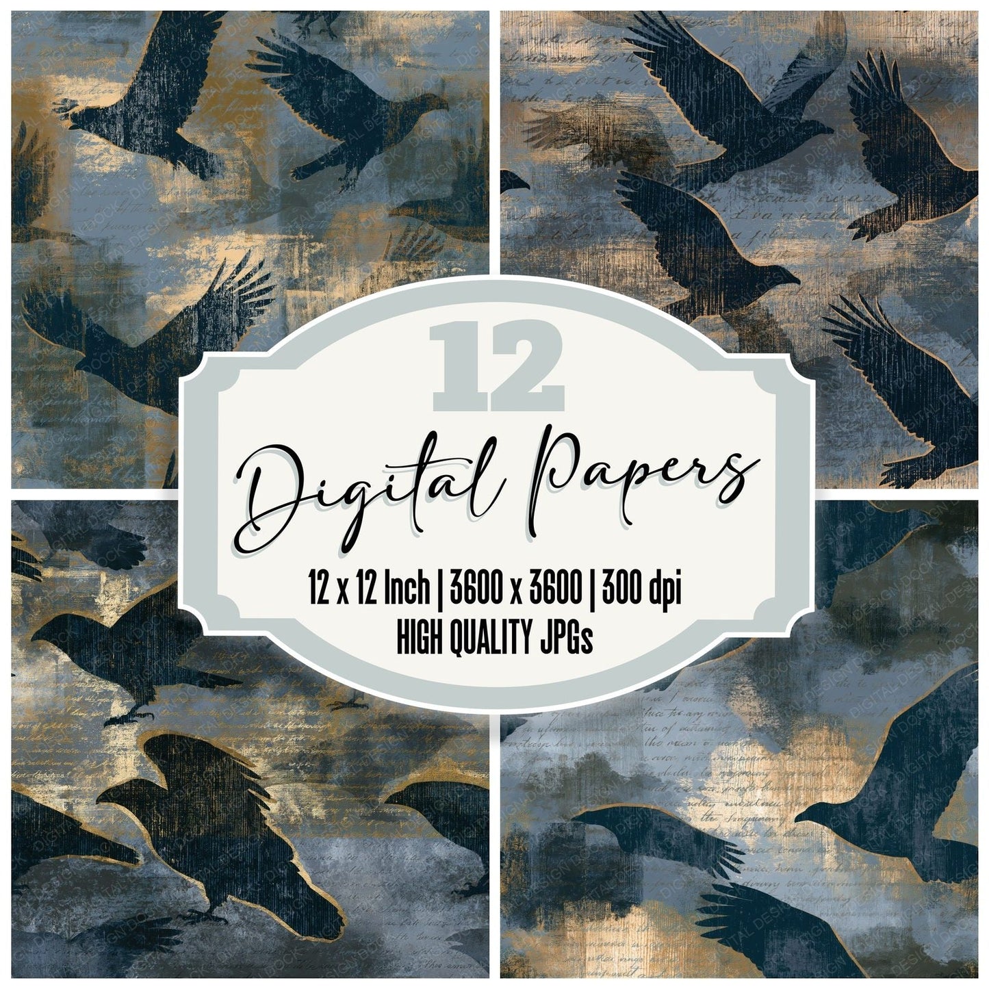Woodcut Eagles Slate Pewter Seamless Digital Paper Pack (DDD015503)
