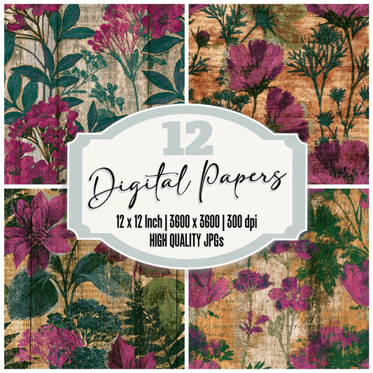 Pyrography Wildflowers Magenta Green Seamless digital paper pack cover showing four of the 12 papers