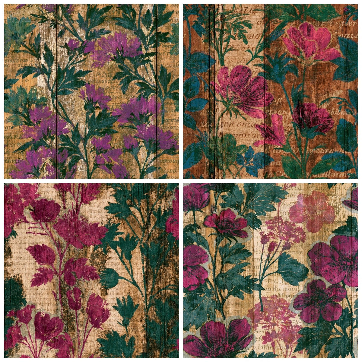 Four Pyrography Wildflowers Magenta Green Seamless digital papers from the pack shown in a grid