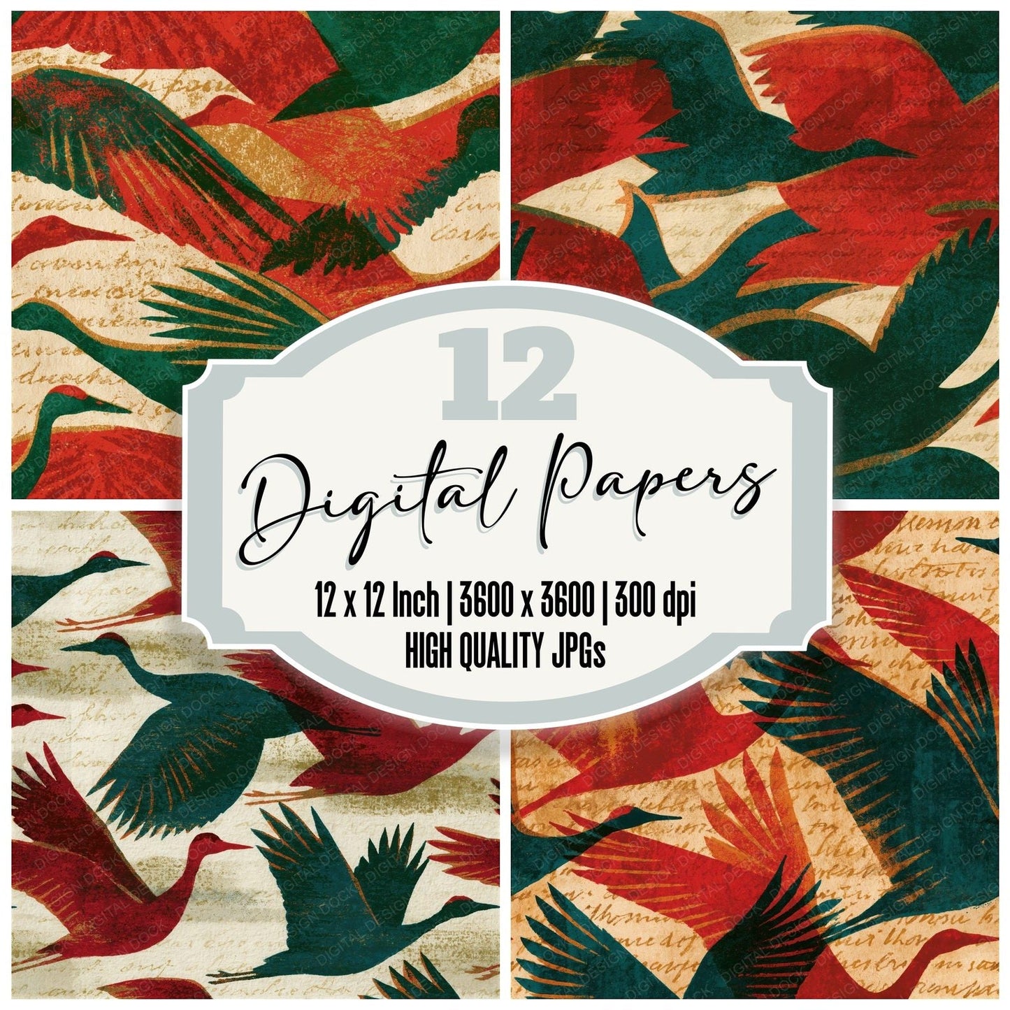 Risograph Cranes Evergreen Red Seamless Digital Paper Pack (DDD015516)