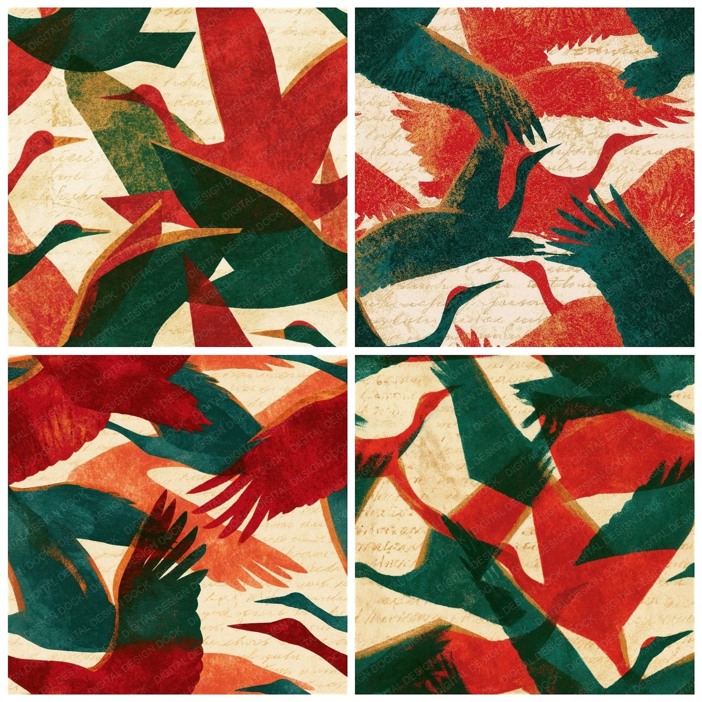Risograph Cranes Evergreen Red Seamless Digital Paper Pack (DDD015516)