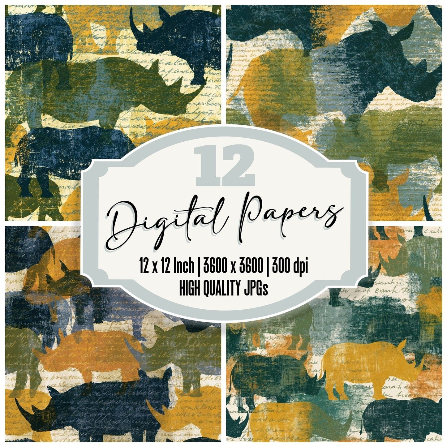 Scratchboard Rhino Olive Ochre Seamless Digital Paper Pack (DDD015518)