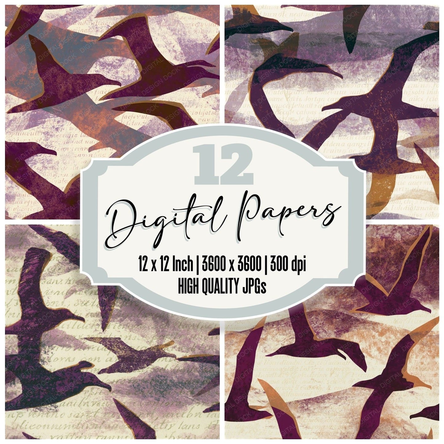 Screenprint Albatross Plum Bone Seamless Digital Paper Pack (DDD015520)