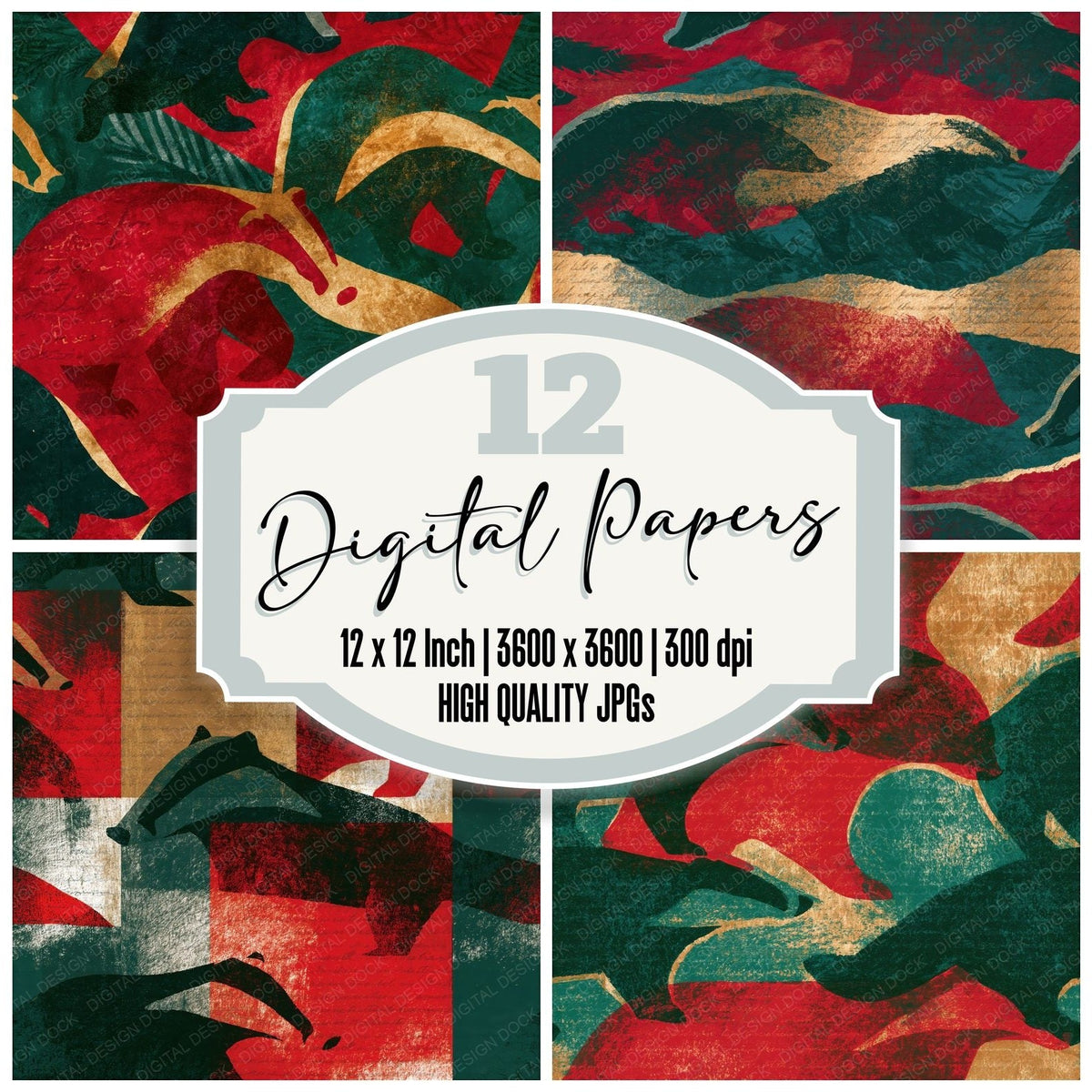 Woodblock Badger Pine Crimson Seamless digital paper pack cover showing four of the 12 papers