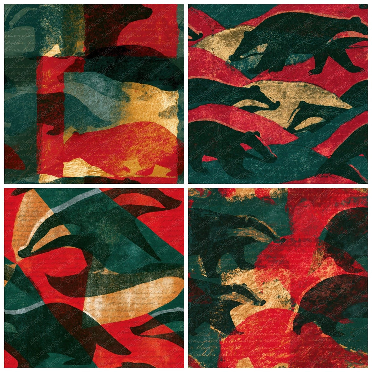 Four Woodblock Badger Pine Crimson Seamless digital papers from the pack shown in a grid