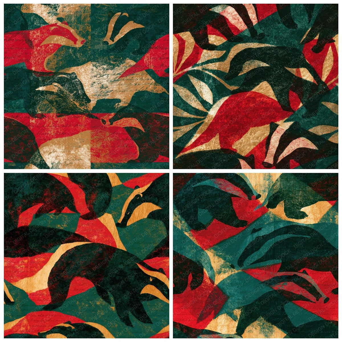 Four more Woodblock Badger Pine Crimson Seamless digital papers from the pack shown in a grid