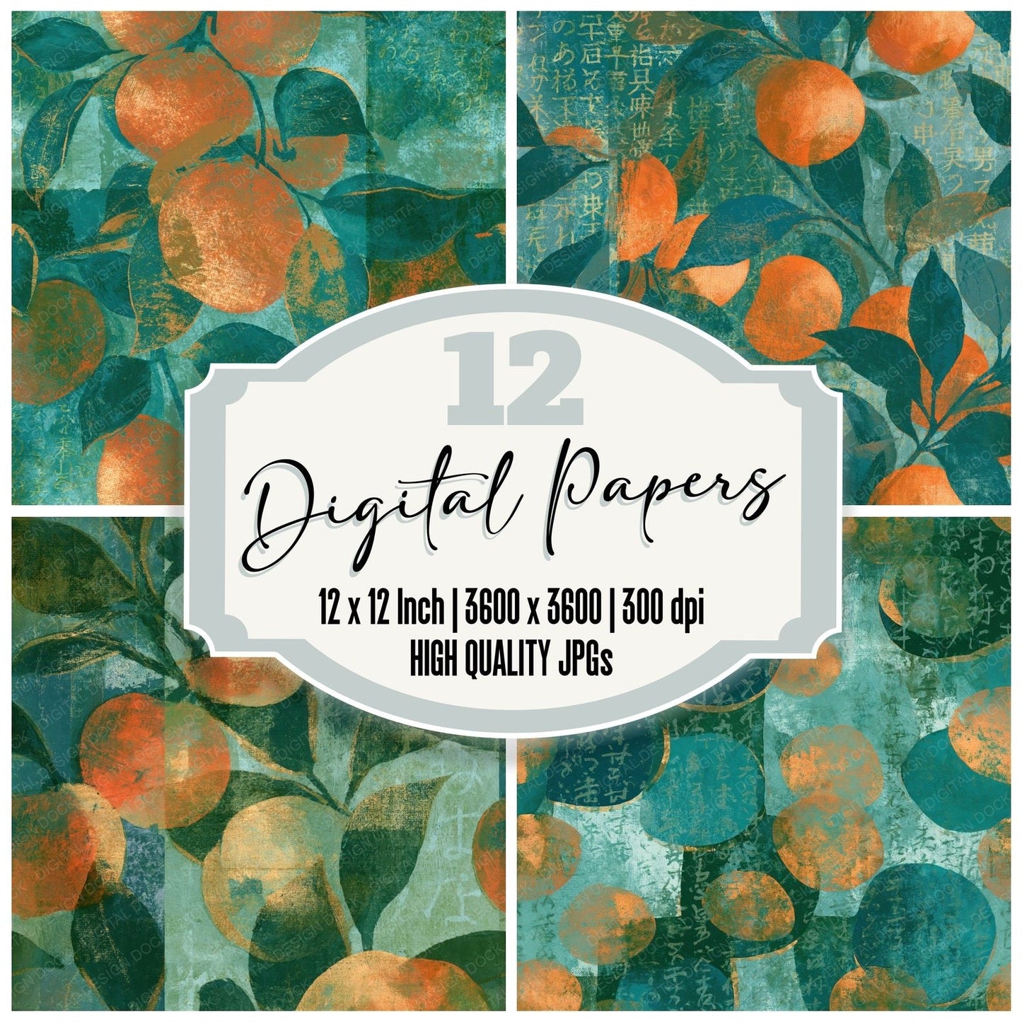Monoprint Apricots Mint Jade Seamless Digital Paper Pack (DDD015531)