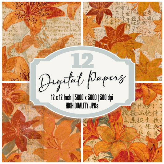 Monoprint Lilies Turmeric Copper Seamless digital paper pack cover showing four of the 12 papers