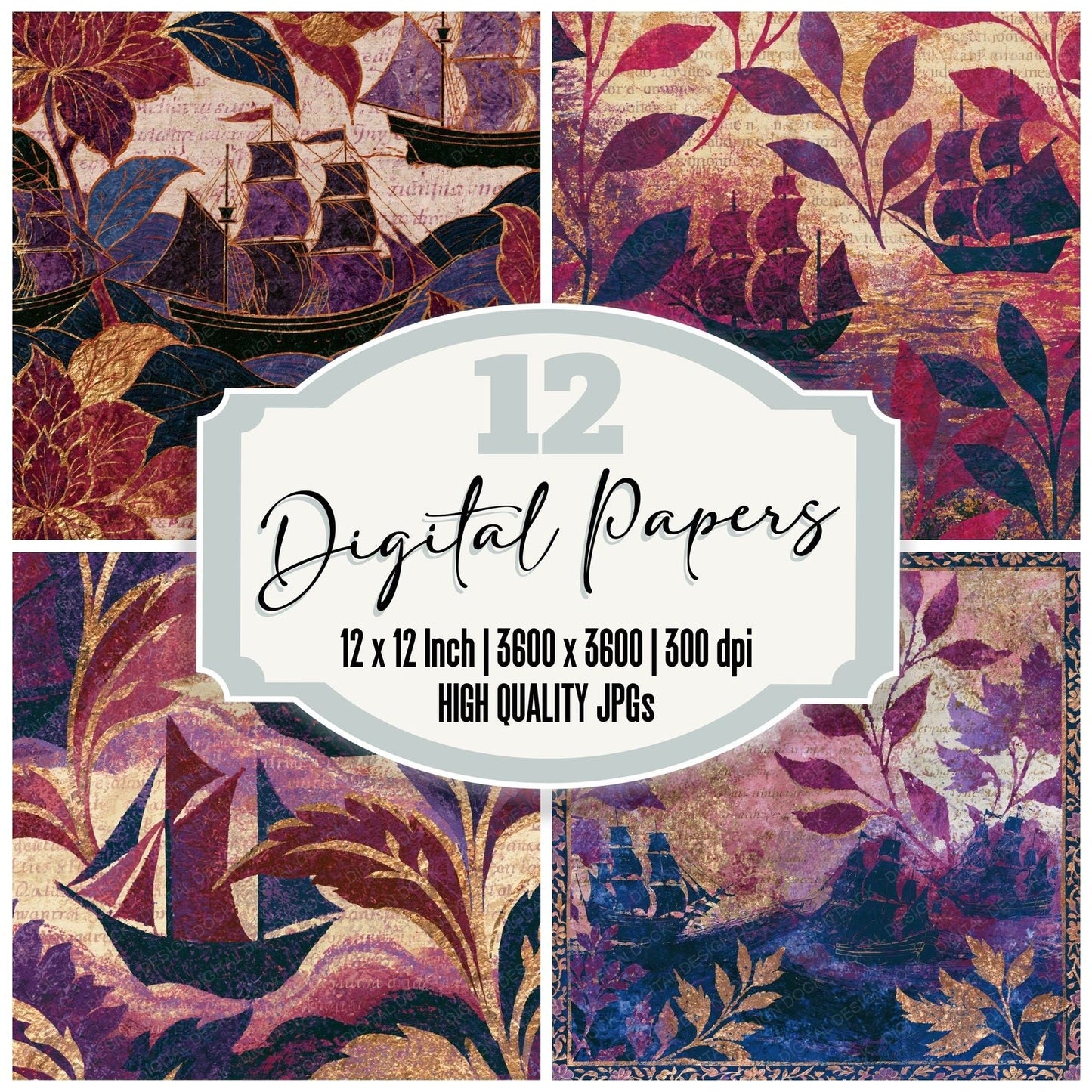 Mughal Pirate Ships Raspberry Plum Digital Paper Pack (DDD015536)
