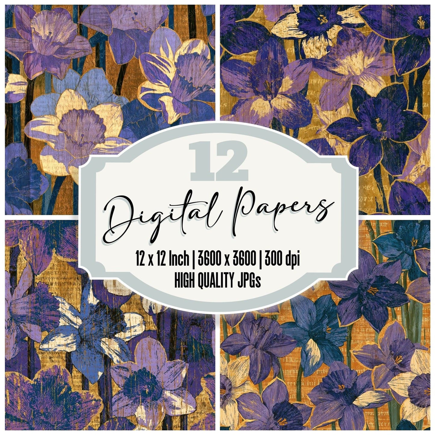 Pyrography Daffodil Lavender Purple Seamless Digital Paper Pack (DDD015537)