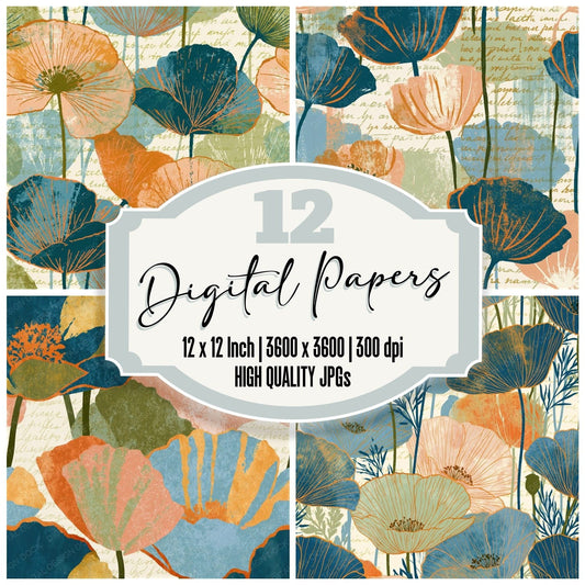 Screenprint Poppies Peach Pistachio Seamless digital paper pack cover showing four of the 12 papers