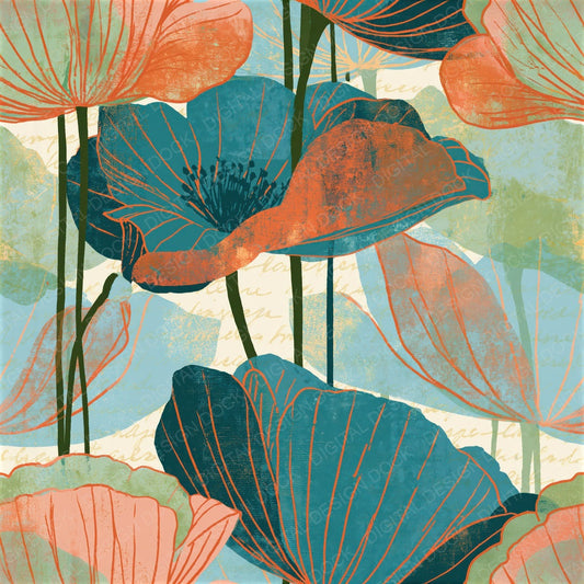 Single Screenprint Poppies Peach Pistachio Seamless digital paper shown full size