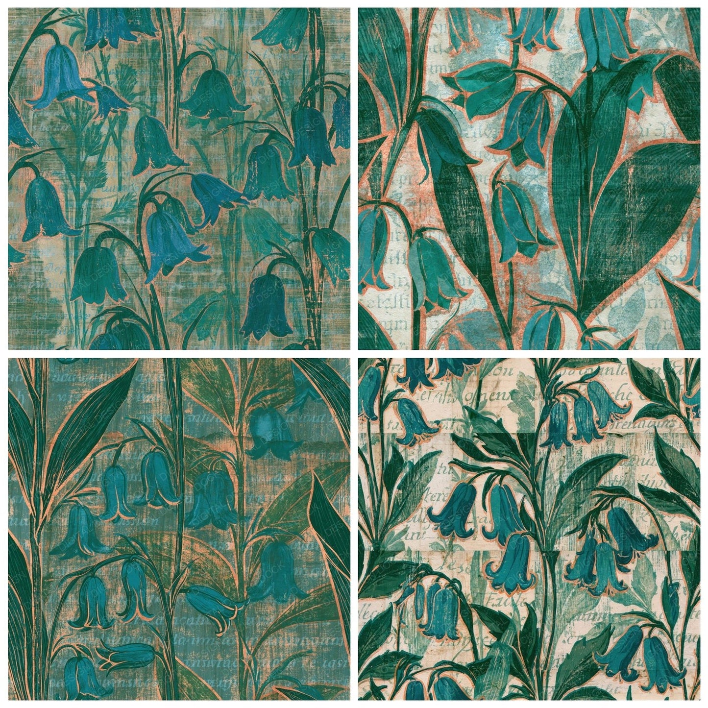 Woodcut Bluebells Emerald Parchment Seamless Digital Paper Pack (DDD015544)
