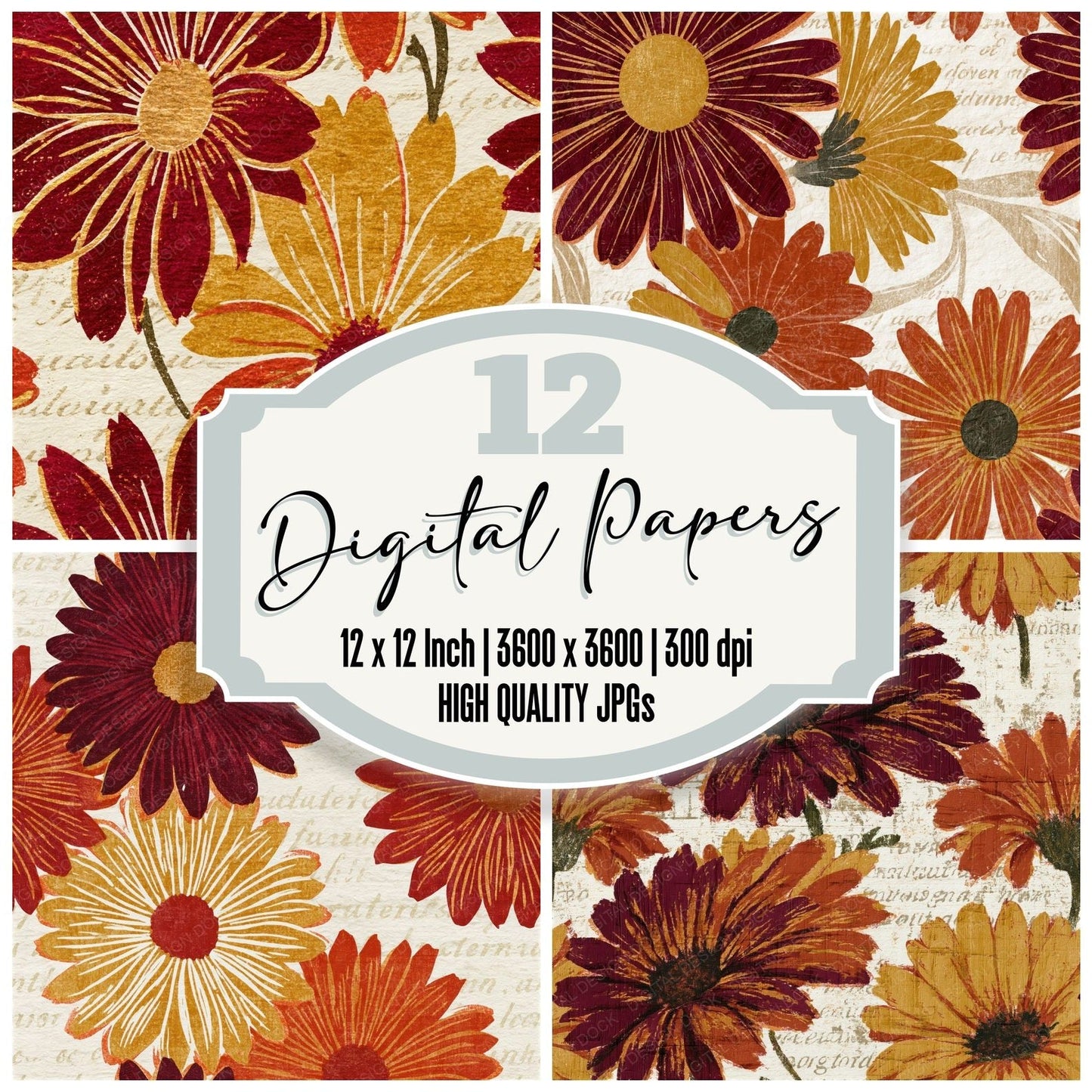 Woodcut Daisy Rust Goldenrod Seamless Digital Paper Pack (DDD015563)
