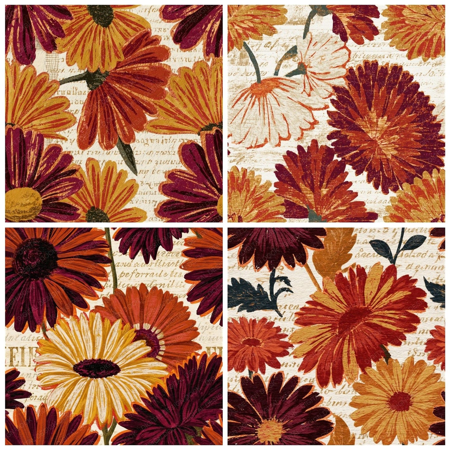 Woodcut Daisy Rust Goldenrod Seamless Digital Paper Pack (DDD015563)