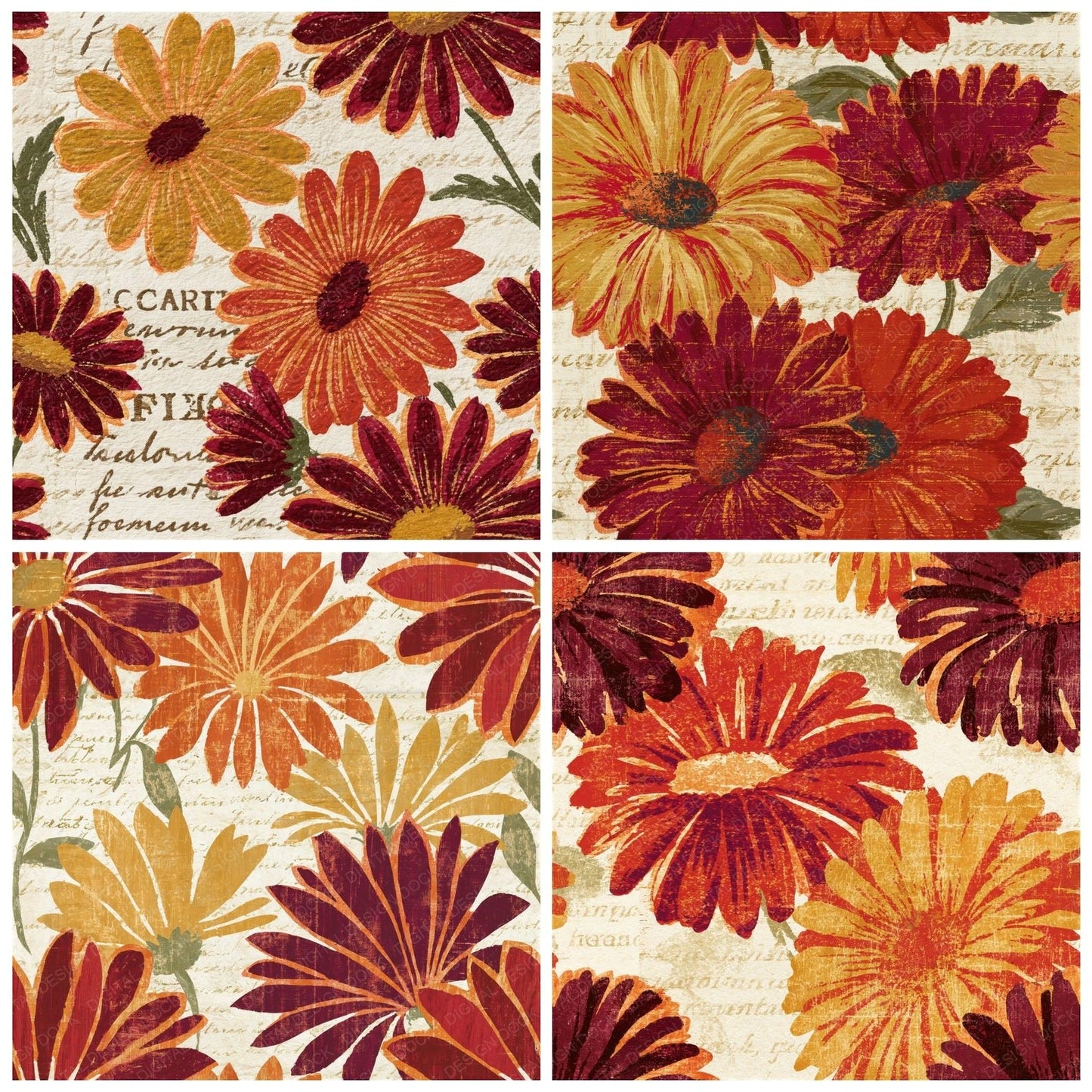 Woodcut Daisy Rust Goldenrod Seamless Digital Paper Pack (DDD015563)