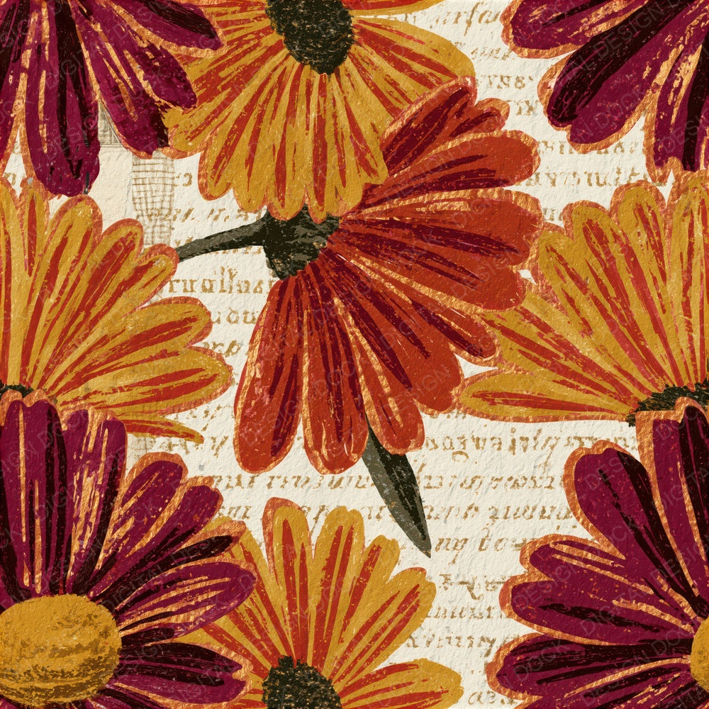 Woodcut Daisy Rust Goldenrod Seamless Digital Paper Pack (DDD015563)
