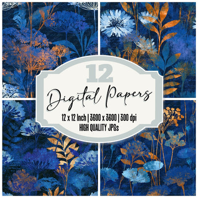 Scratchboard Meadow Flowers Electric Blue Navy Seamless digital paper pack cover showing four of the 12 papers