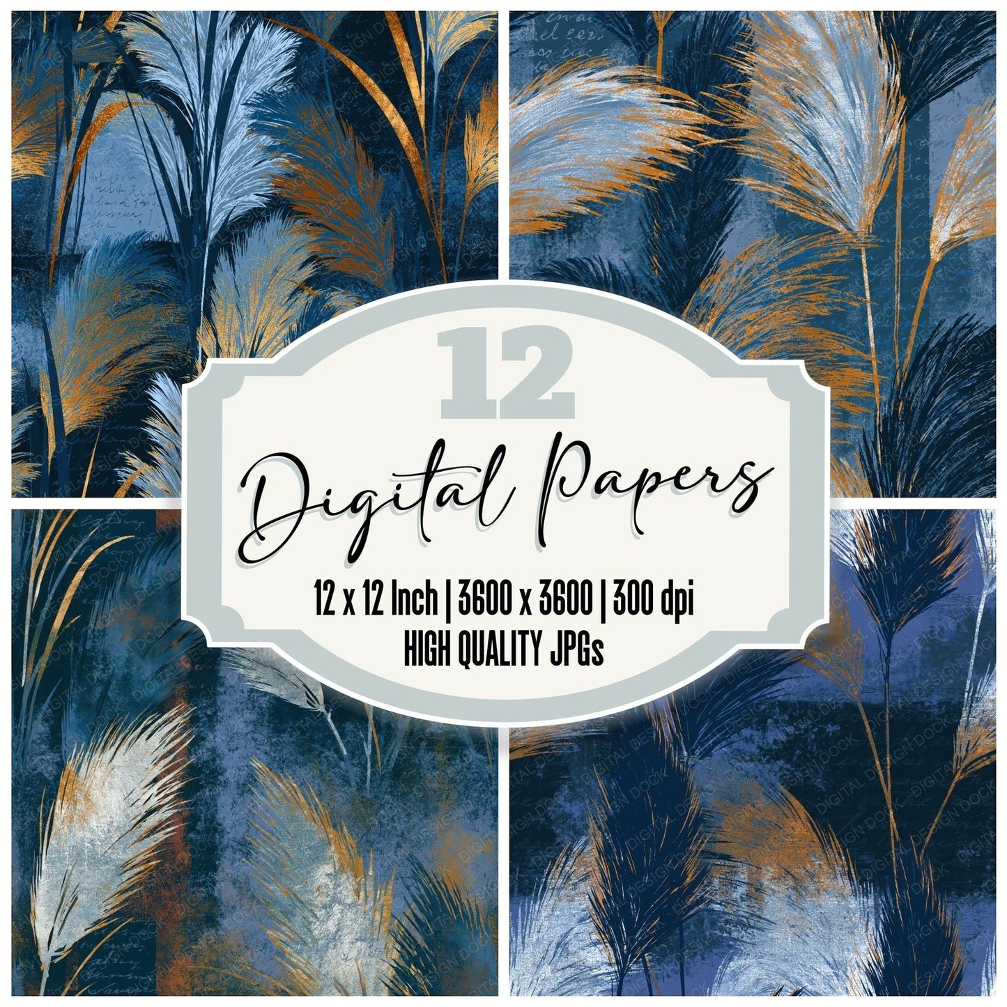 Screenprint Pampas Grass Midnight Silver Seamless Digital Paper Pack (DDD015578)