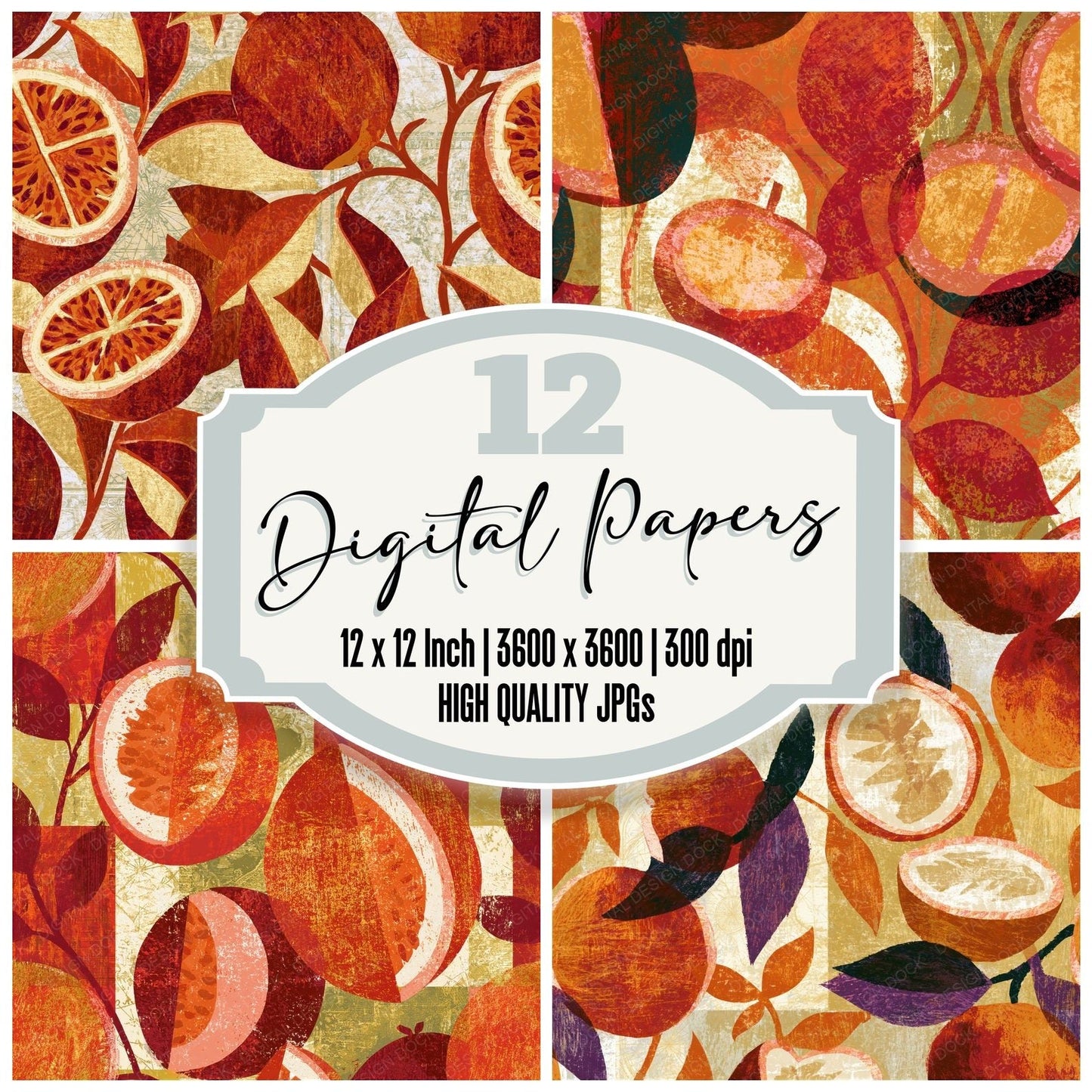 Woodcut Passion Fruit Rust Gold Seamless Digital Paper Pack (DDD015583)