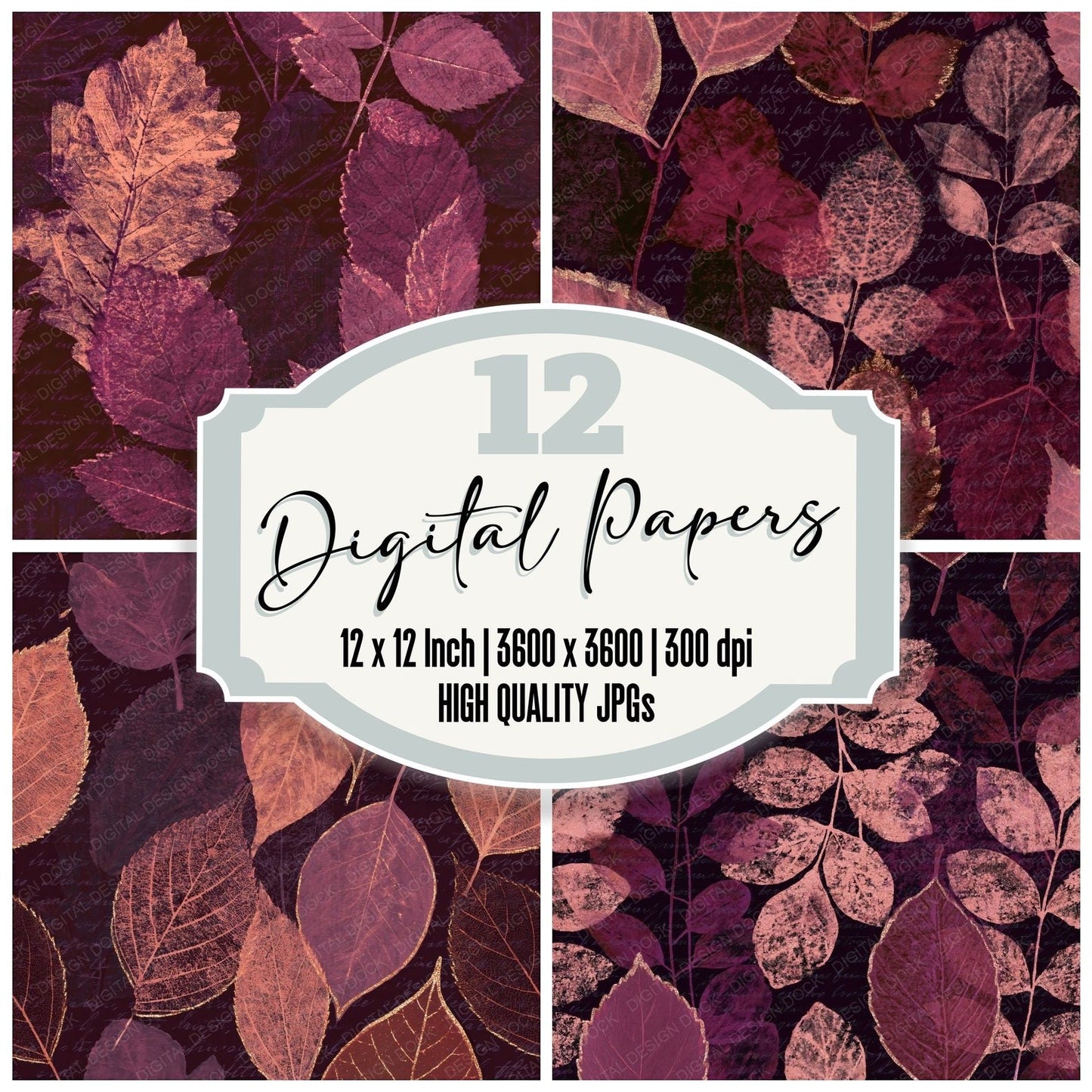 Layered Pressed Leaves Rose Aubergine Seamless Digital Paper Pack (DDD015588)