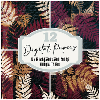 Risograph Fern Fronds Oxblood Seamless digital paper pack cover showing four of the 12 papers