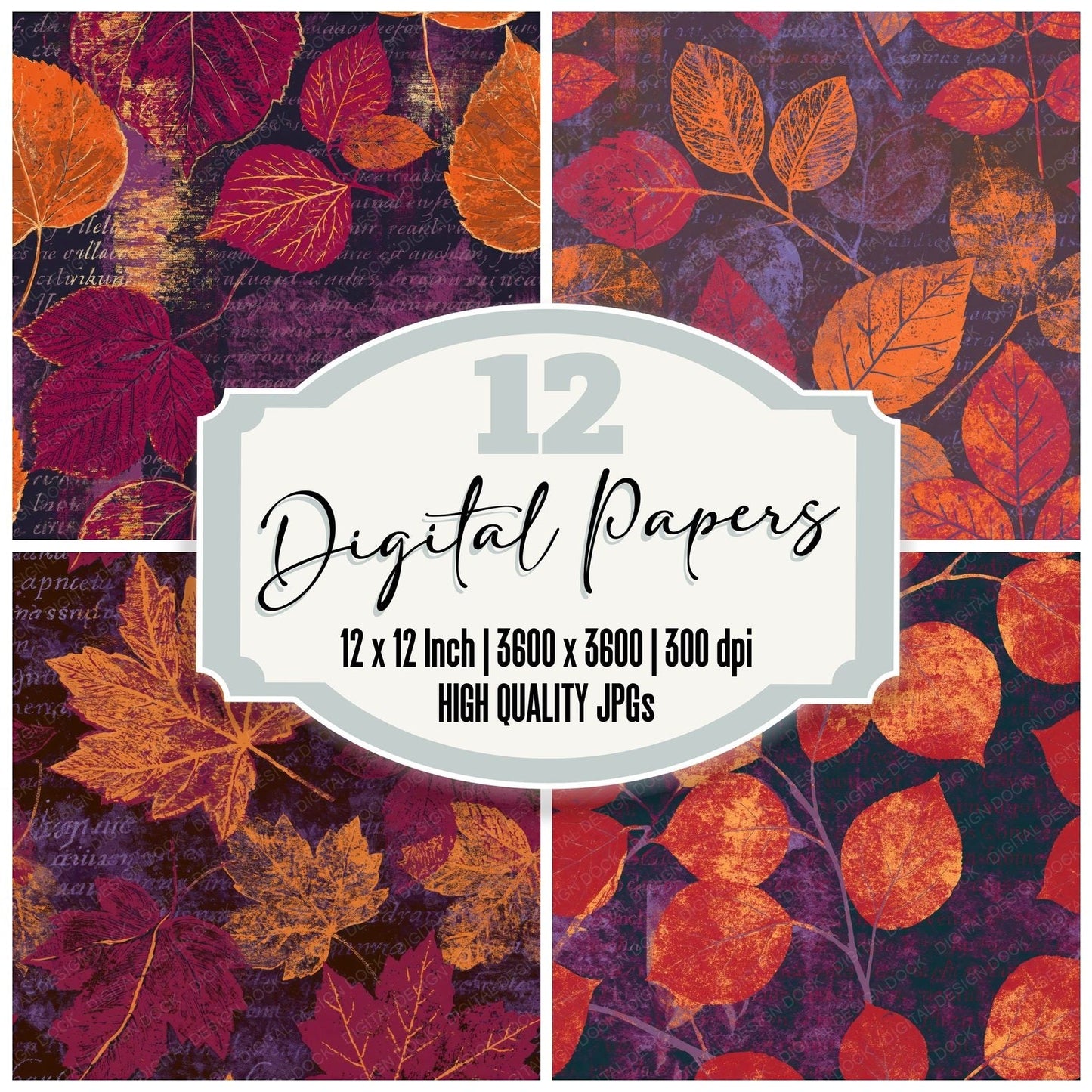 Screenprint Autumn Leaves Tangerine Plum Seamless Digital Paper Pack (DDD015596)