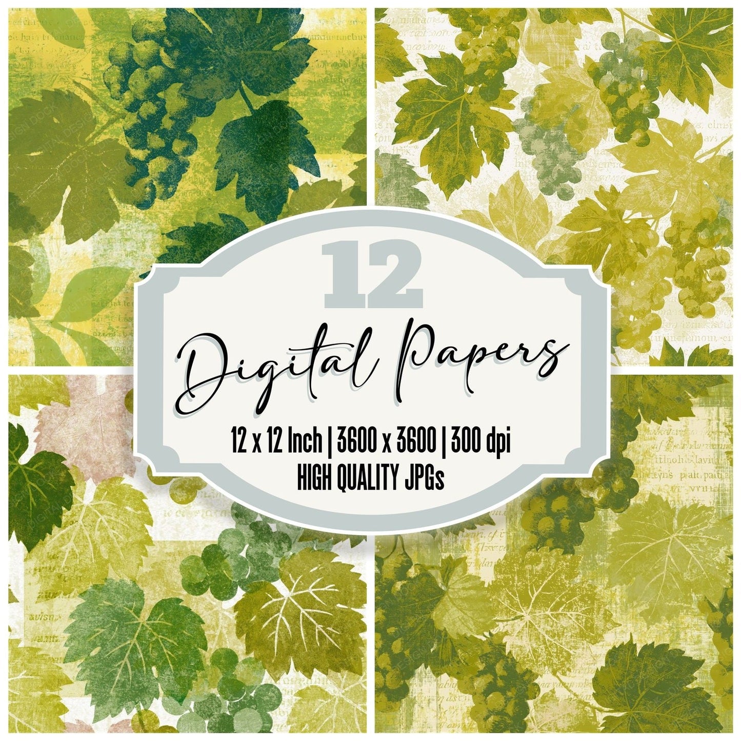 Woodblock Grape Clusters Olive Seamless Digital Paper Pack (DDD015600)