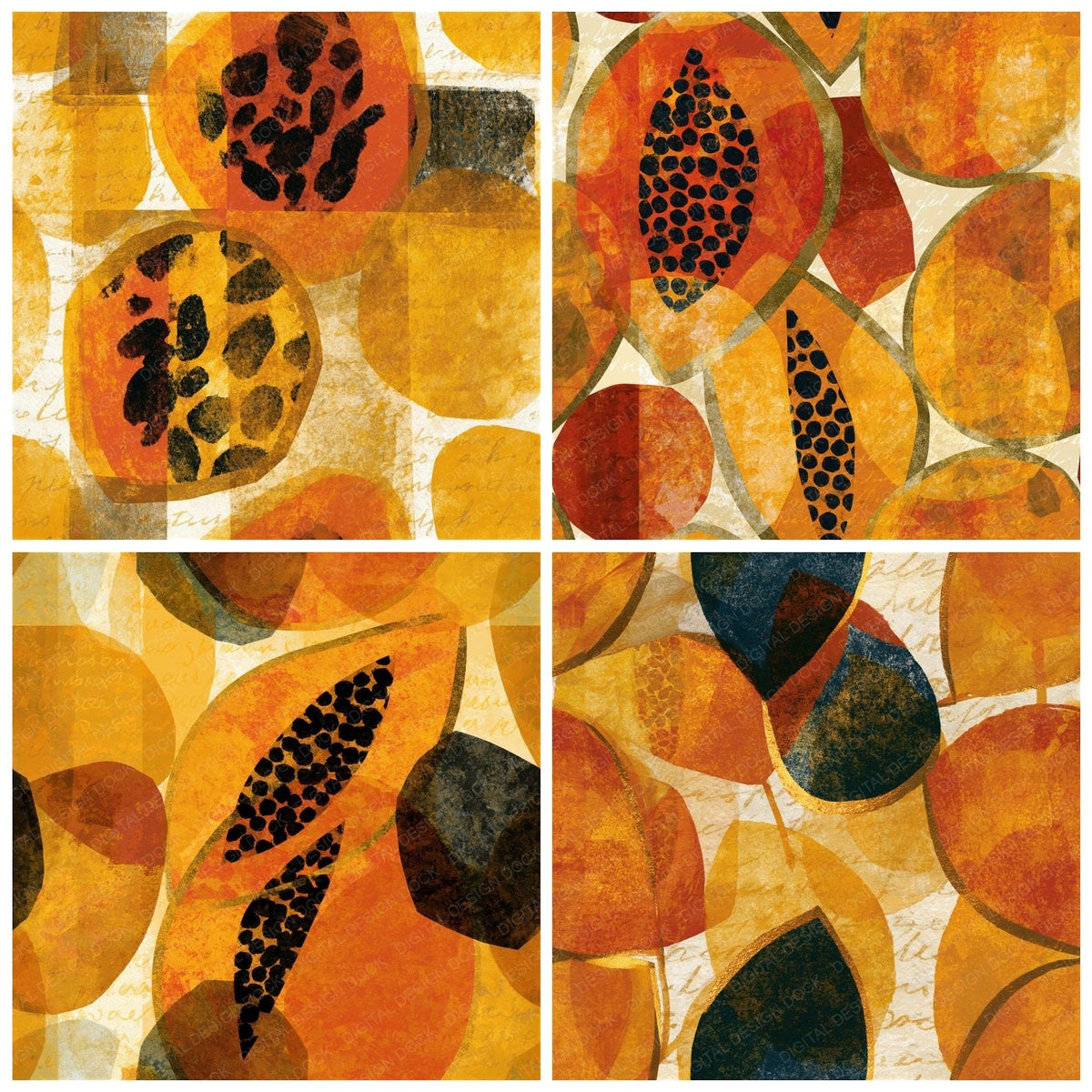 Four more Layered Tropical Fruit Amber Cream Seamless digital papers from the pack shown in a grid