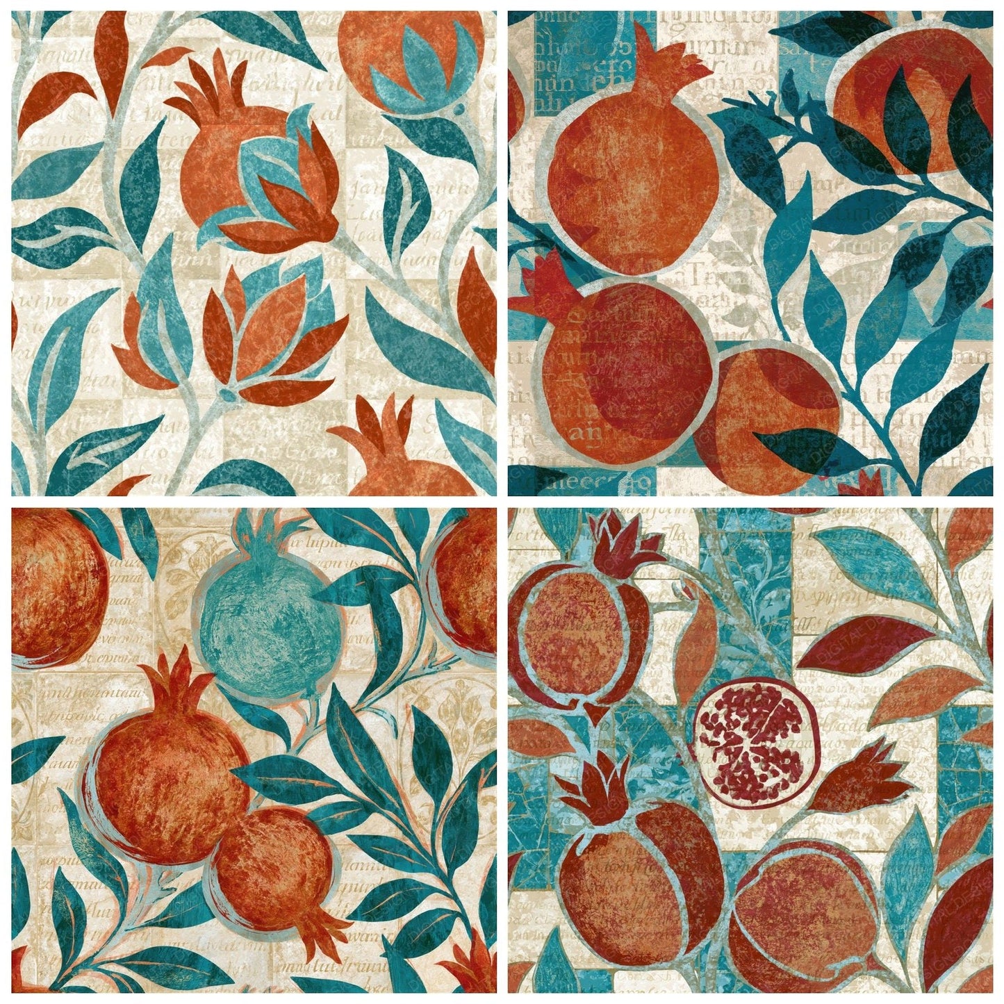 Lithograph Pomegranate Rust Turquoise Seamless Digital Paper Pack (DDD015610)
