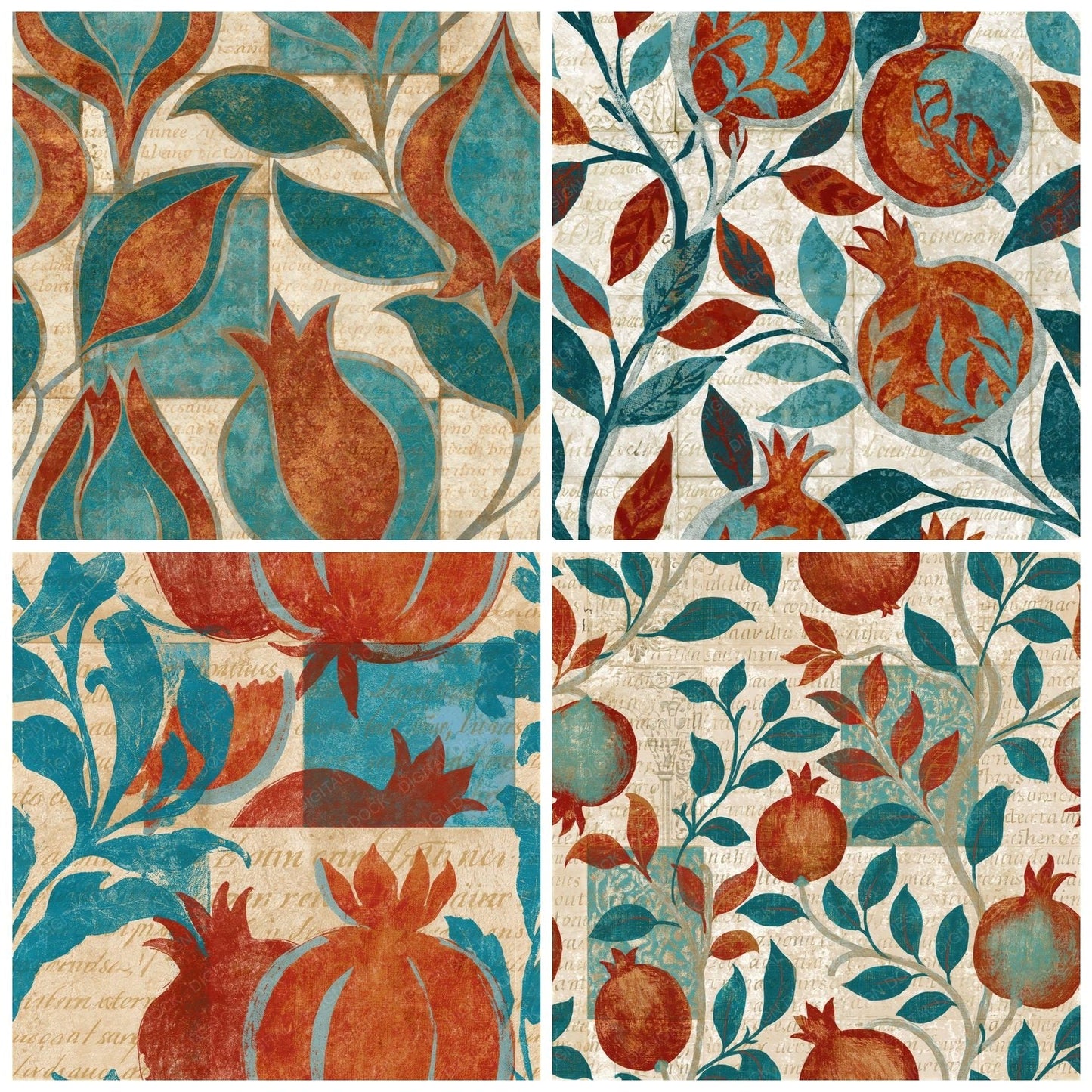 Lithograph Pomegranate Rust Turquoise Seamless Digital Paper Pack (DDD015610)