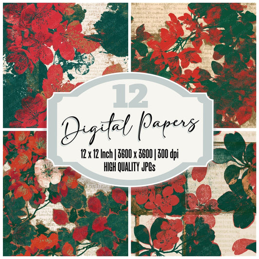 Risograph Cherry Blossoms Crimson Green Seamless digital paper pack cover showing four of the 12 papers