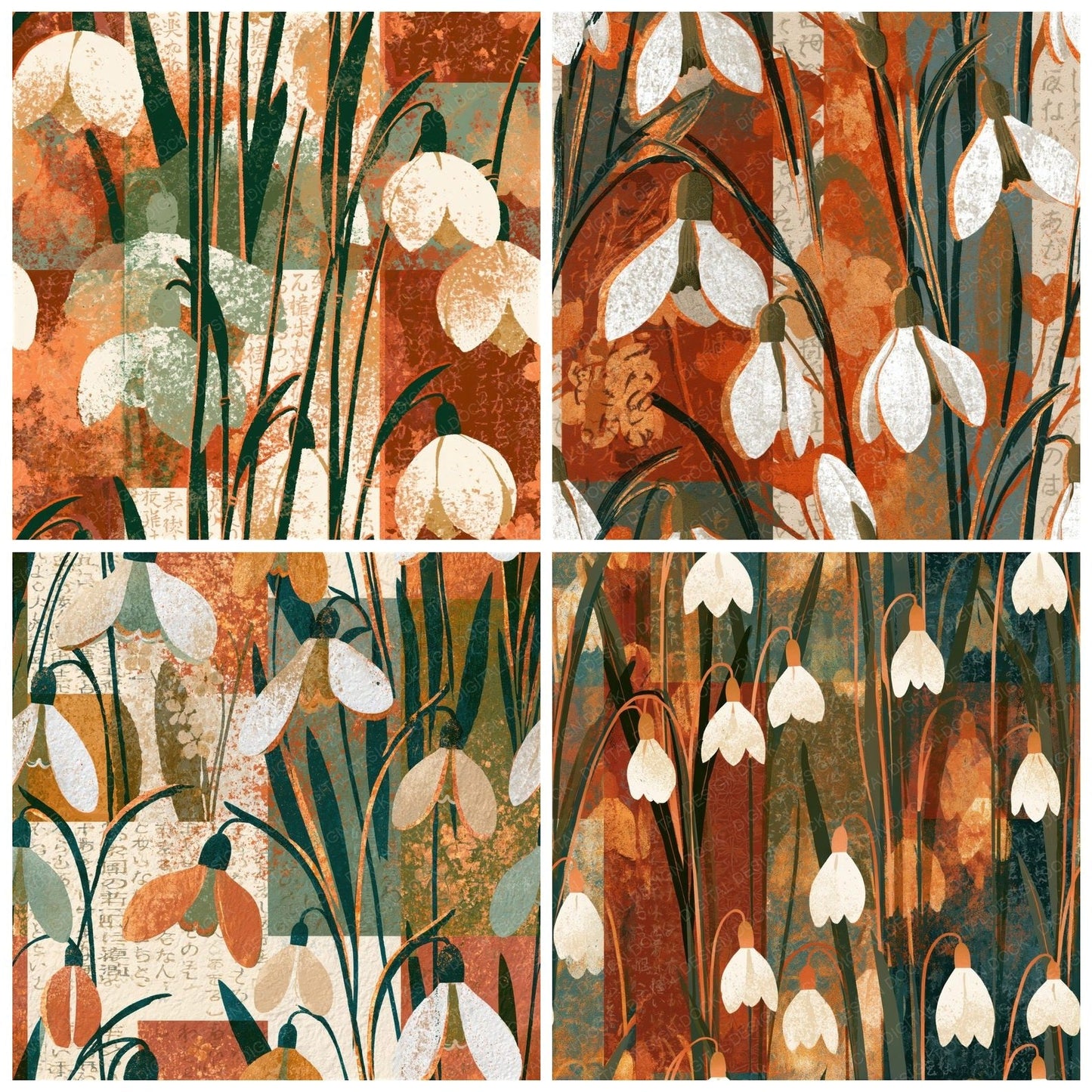 Screenprint Snowdrops Earth Rust Seamless Digital Paper Pack (DDD015618)