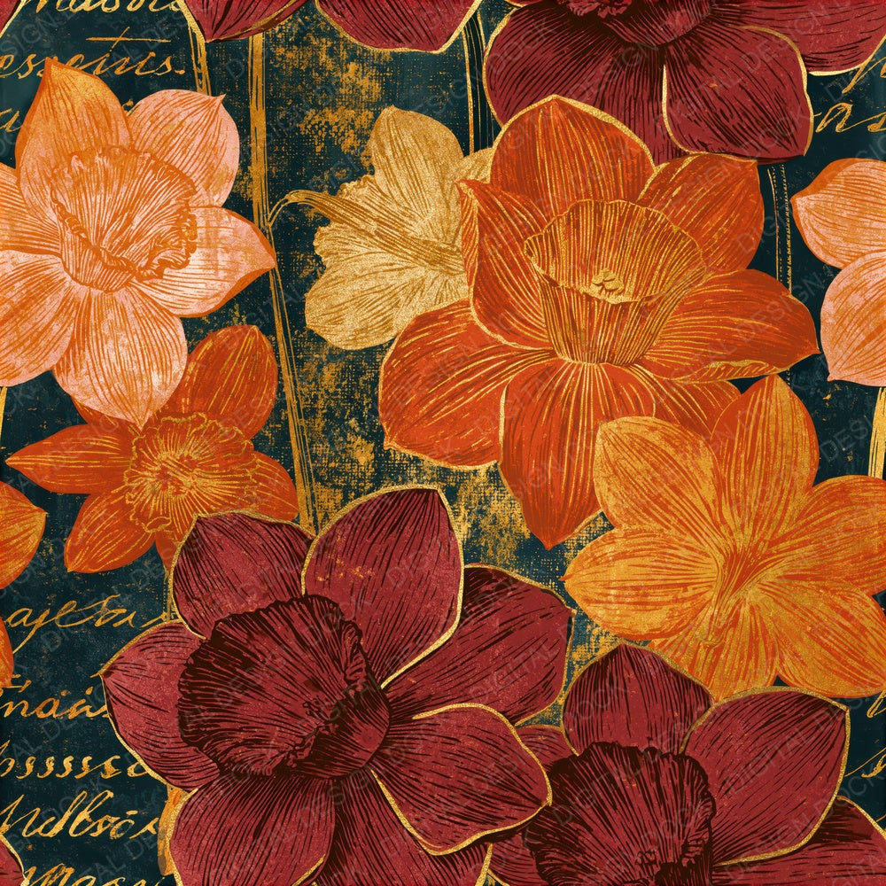 Woodblock Daffodils Amber Rose Gold Seamless Digital Paper Pack (DDD015619)