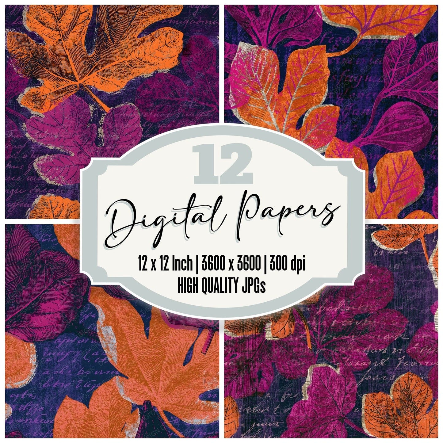 Woodcut Fig Leaves Magenta Seamless Digital Paper Pack (DDD015623)