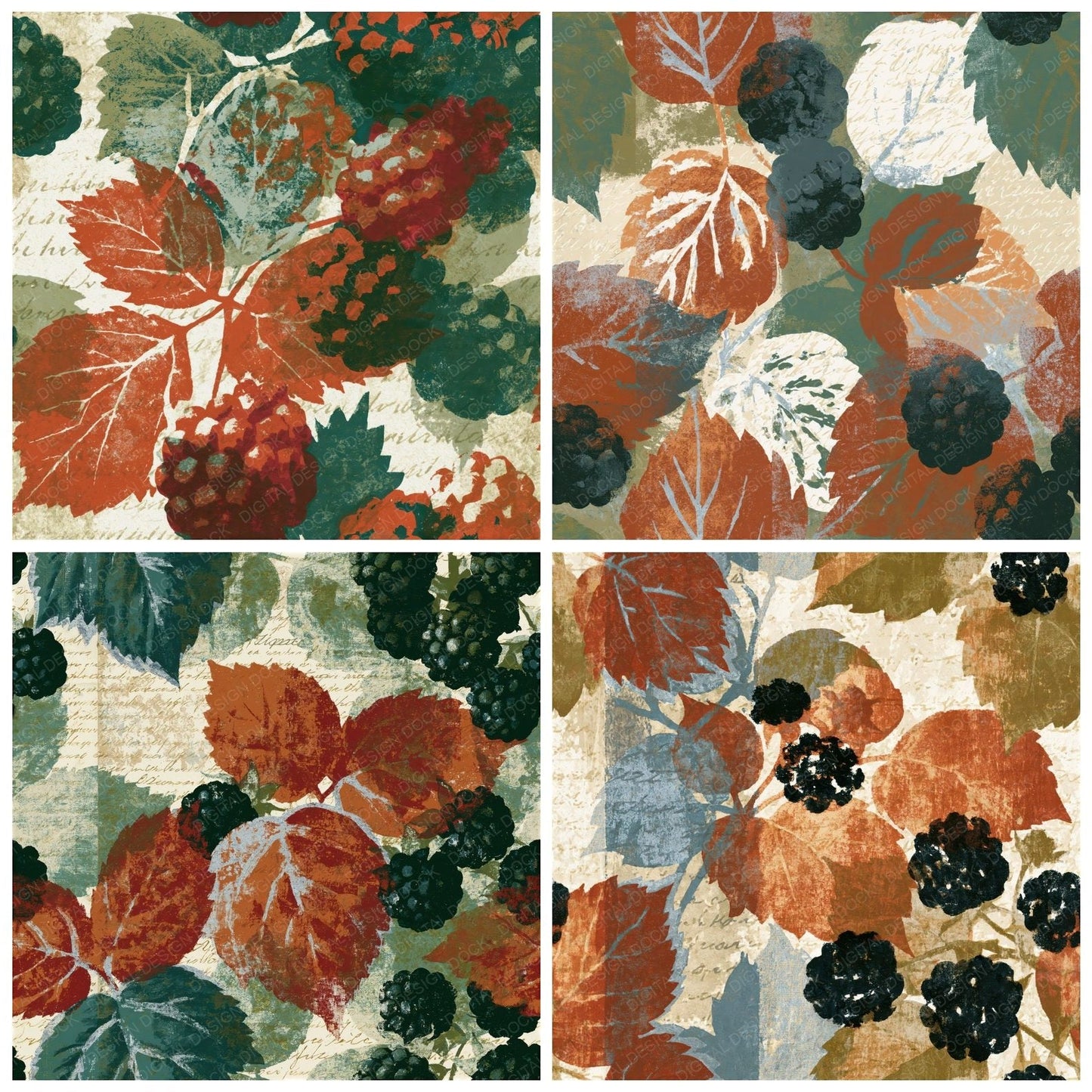 Screenprint Blackberries Rust Moss Seamless Digital Paper Pack (DDD015639)