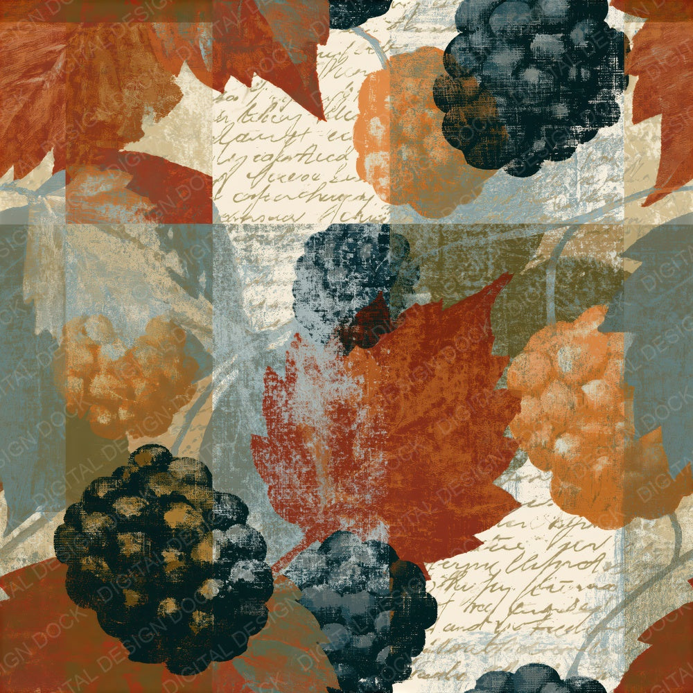 Screenprint Blackberries Rust Moss Seamless Digital Paper Pack (DDD015639)