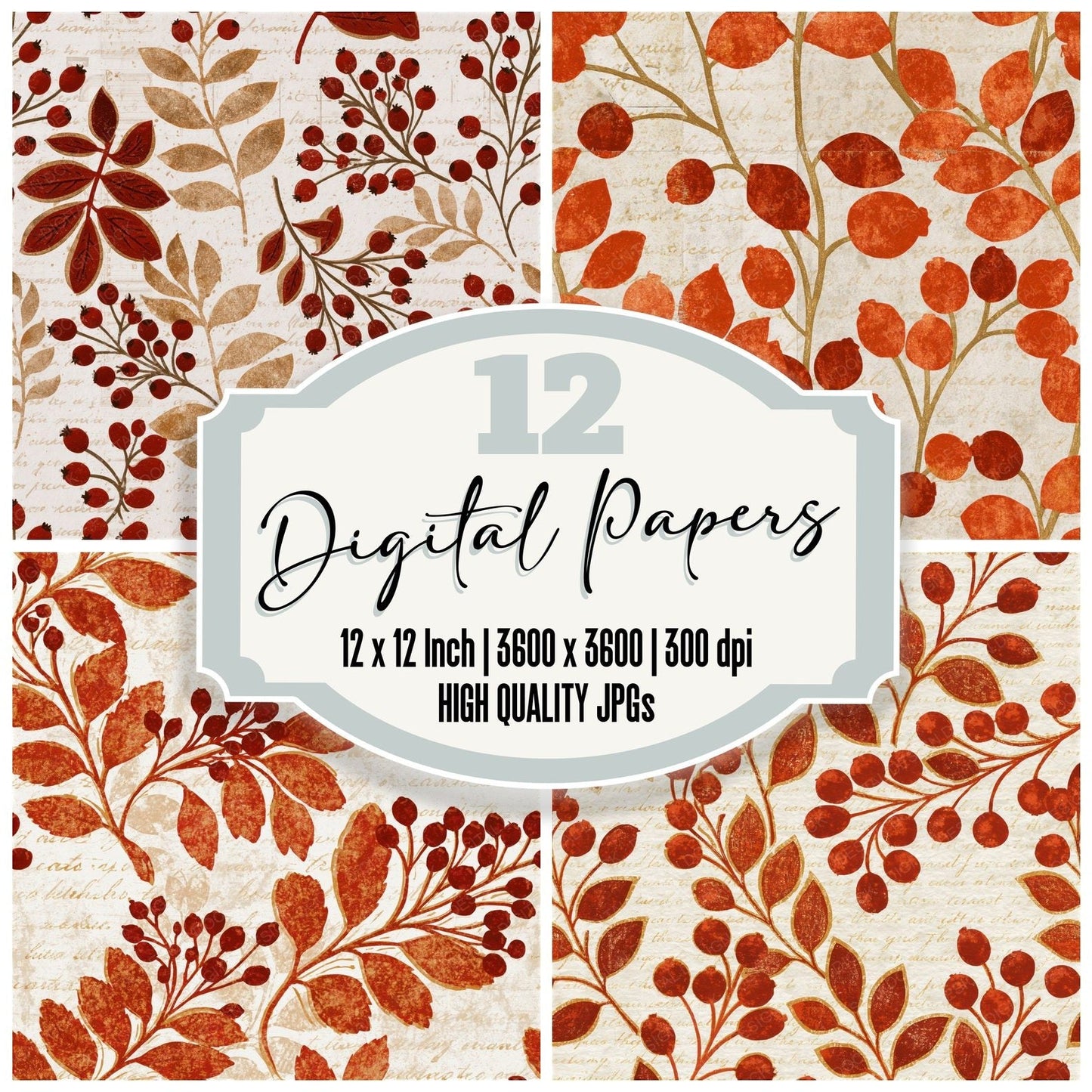 Woodblock Scattered Berries Rust Seamless Digital Paper Pack (DDD015642)