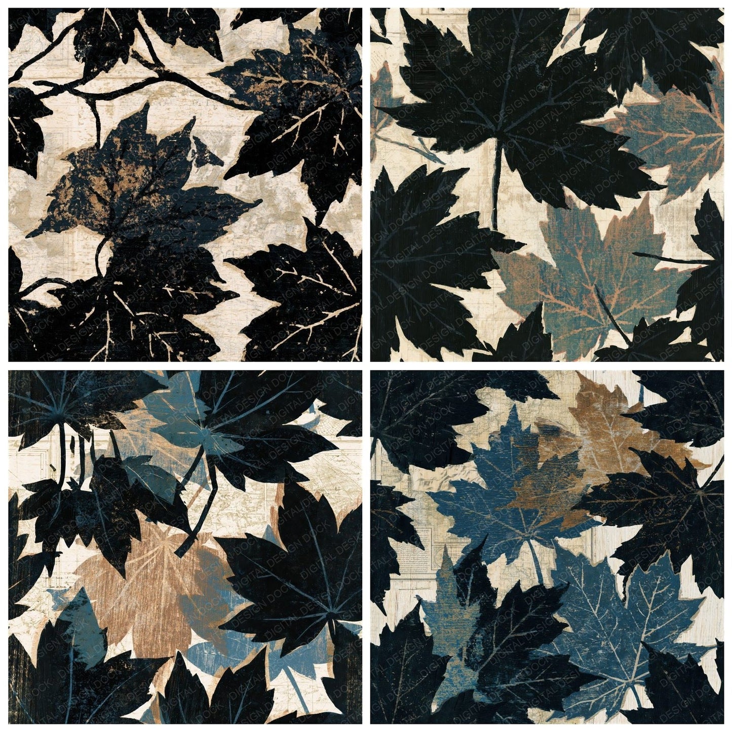 Woodcut Maple Leaves Bone Seamless Digital Paper Pack (DDD015643)