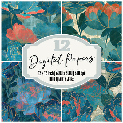 Layered Peony Lagoon Coral Seamless Digital Paper Pack (DDD015648)