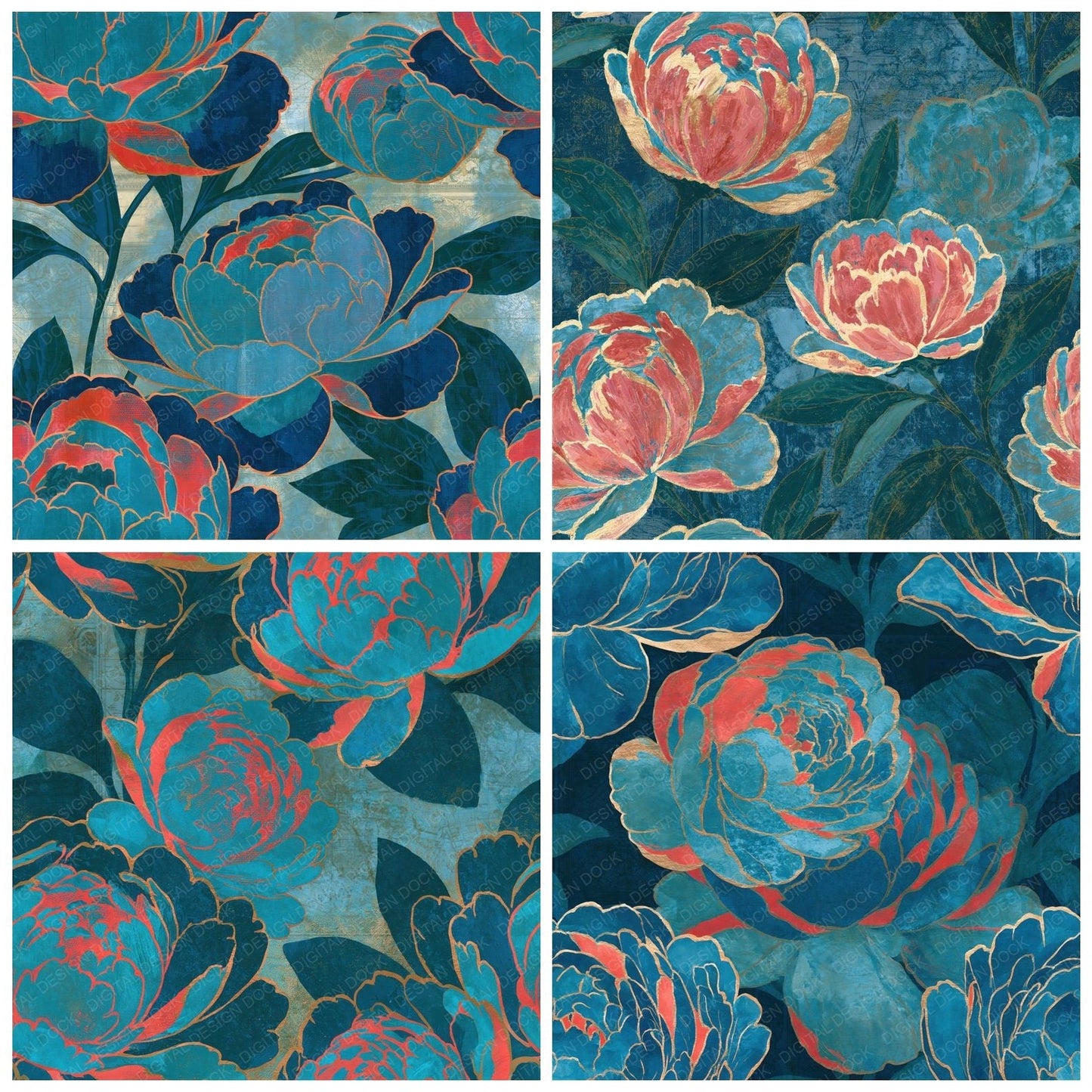 Layered Peony Lagoon Coral Seamless Digital Paper Pack (DDD015648)
