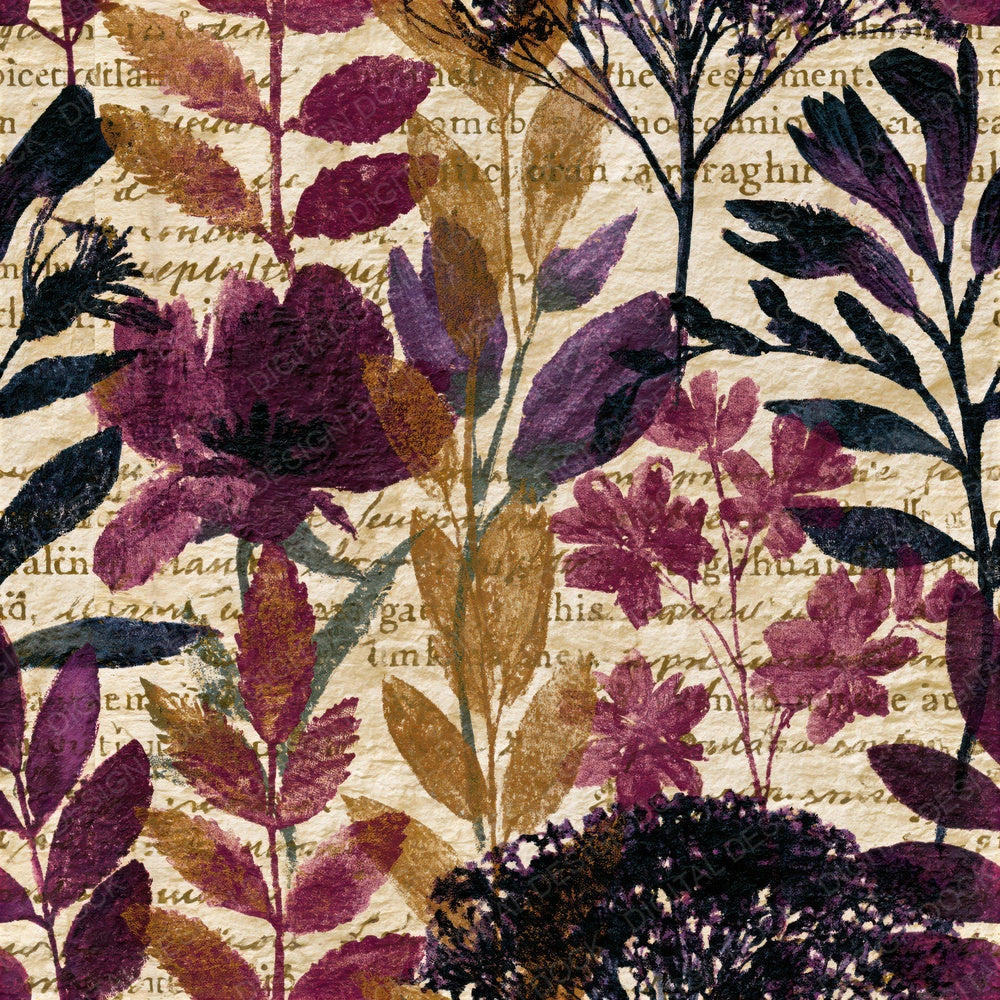 Single Lithograph Wildflowers Plum Cream Seamless digital paper shown full size