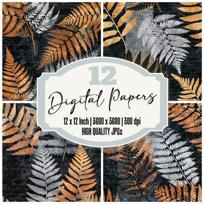 Scratchboard Fern Fronds Silver Seamless digital paper pack cover showing four of the 12 papers