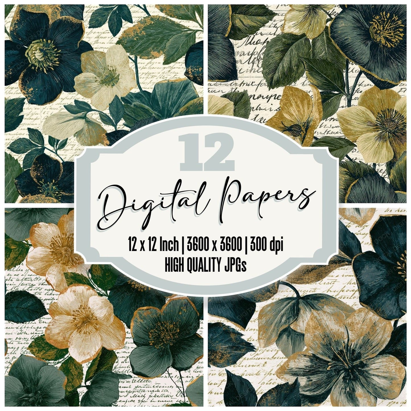 Scratchboard Hellebores Eucalyptus Gold Seamless Digital Paper Pack (DDD015660)
