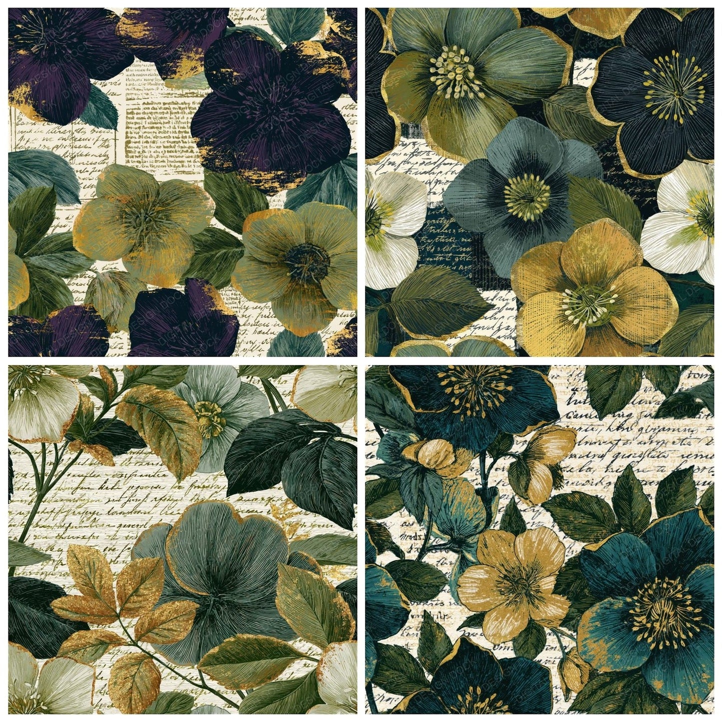 Scratchboard Hellebores Eucalyptus Gold Seamless Digital Paper Pack (DDD015660)