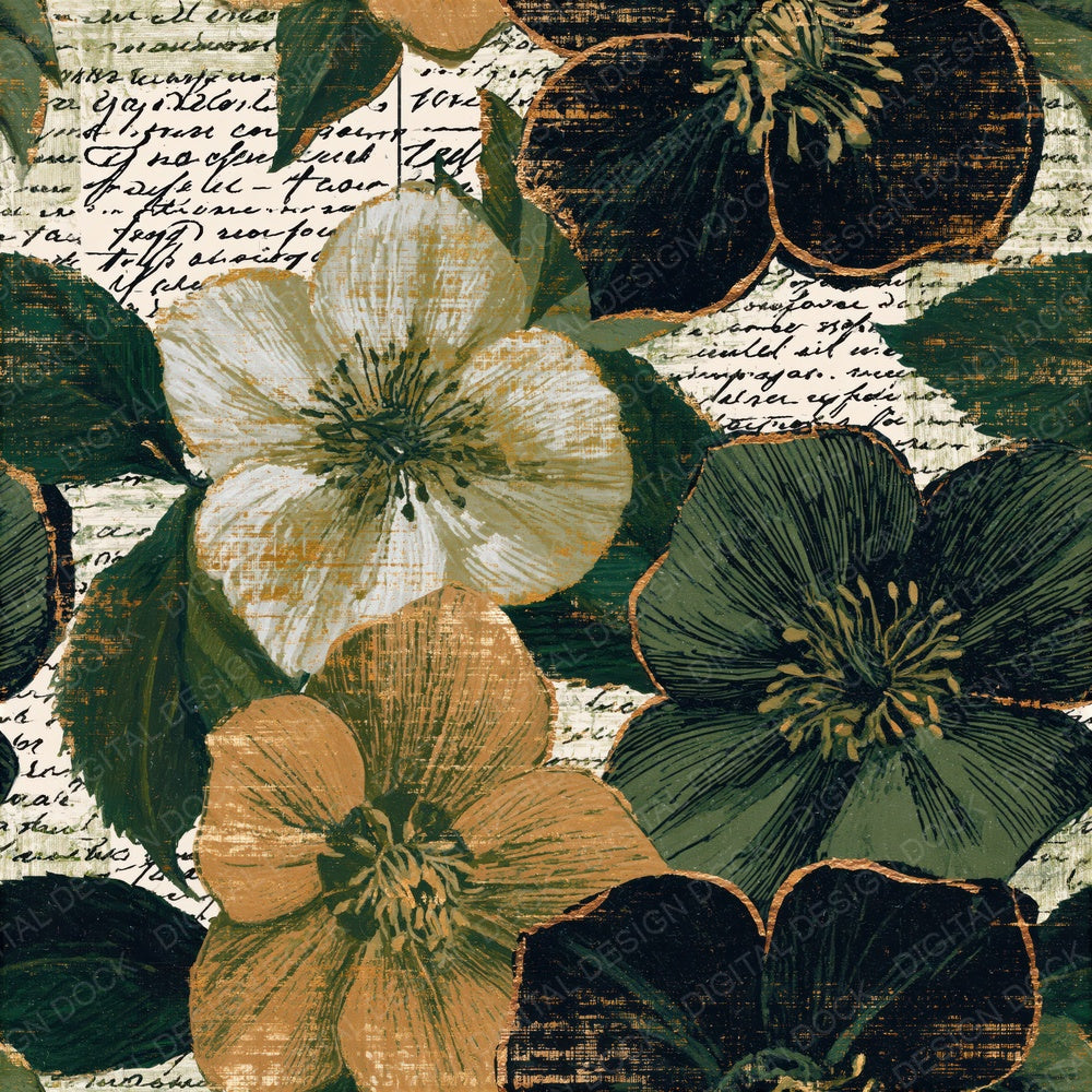 Scratchboard Hellebores Eucalyptus Gold Seamless Digital Paper Pack (DDD015660)