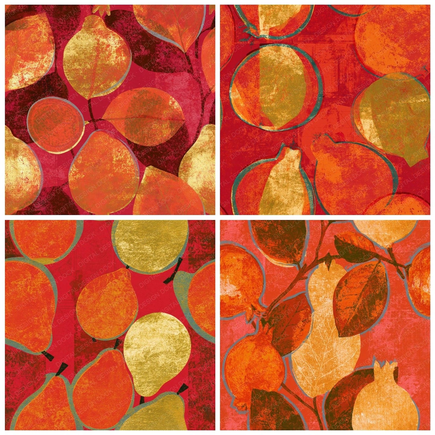 Woodblock Guava Persimmon Seamless Digital Paper Pack (DDD015662)